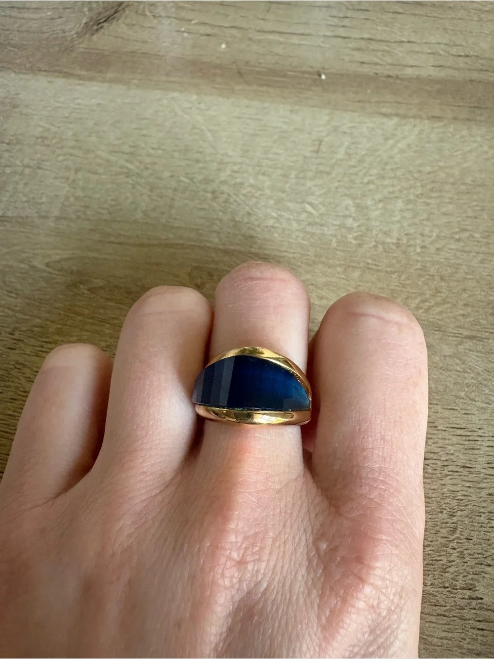 Gold-Tone Ring with Deep Blue Faceted Stone - Women Jewelry